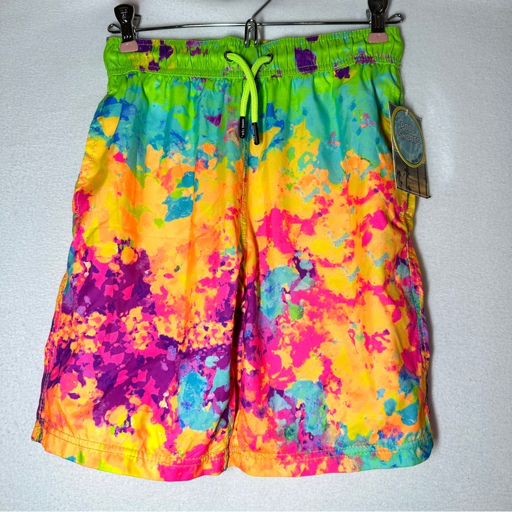 Hang Ten Romain Swim Trunks M 10 12 Tie Dye Neon Watercolor Swim Shorts New